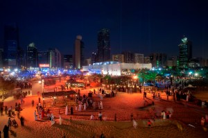 ABU DHABI, UNITED ARAB EMIRATES, Feb. 19, 2015: People peruse the exhibitions and enjoy festival offerings while they tour the activities at the Qasr al Hosn Festival 2015 on Thursday Feb. 19, 2015. (Photo / Silvia Razgova)