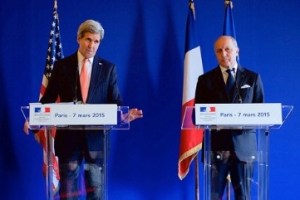 US Secretary of State John Kerry addresses journalists during a joint press conference with French Foreign Minister Laurent Fabius, Paris, March 7, 2015 