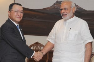 Minister for Economy, Trade and Industry, Japan, Yoichi Miyazawa called on Indian Prime Minister Narendra Modi, in New Delhi on April 29, 2015.