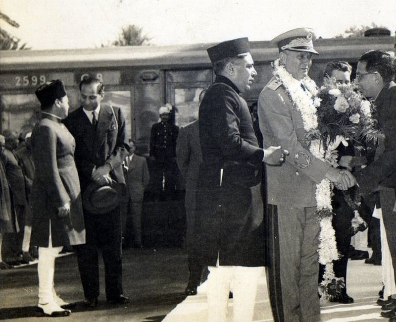 Photo shows Anant Maral Shastri with Marshal Tito. The former Maharaja of Gwalior Jiwajirao Scindia is on extreme left.