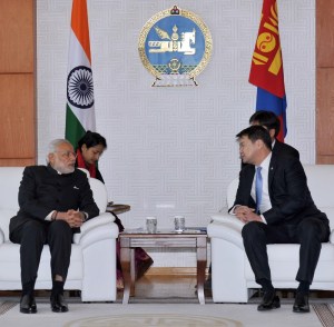 Prime Minister Narendra Modi meeting Prime Minister of Mongolia, Chimed Saikhanbileg, at the State Palace, in Mongolia on May 17, 2015.