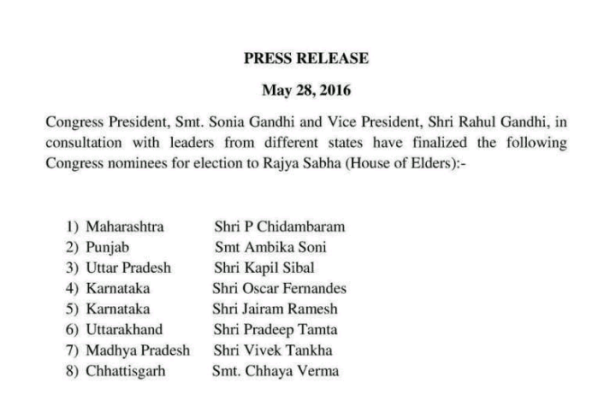 Congress candidates for Rajya Sabha
