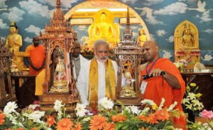 Prime Minister Narendra Modi at the Mahabodhi Temple, in Bodh Gaya in Bihar on September 05, 2015.