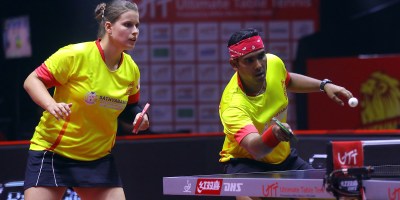 PETRISSA SOLJA of Team Chennai Lions and ACHANTA SHARATH KAMAL of Team Chennai Lions in action during the match of the Ultimate Table Tennis League played between Team Chennai Lions and Team RP-SG Mavericks Kolkata at Thayagraj Stadium in Delhi, India on 6th August 2019. Photo : Sandeep Shetty / Focus Sports / Ultimate Table Tennis
