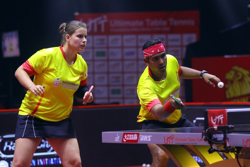 PETRISSA SOLJA of Team Chennai Lions and ACHANTA SHARATH KAMAL of Team Chennai Lions in action during the match of the Ultimate Table Tennis League played between Team Chennai Lions and Team RP-SG Mavericks Kolkata at Thayagraj Stadium in Delhi, India on 6th August 2019. Photo : Sandeep Shetty / Focus Sports / Ultimate Table Tennis