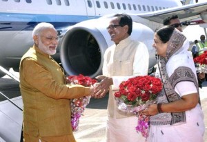 Prime Minister Narendra Modi was received at the Indore Airport by Madhya Pradesh Chief Minister Shivraj Singh Chouhan on March 5, 2015