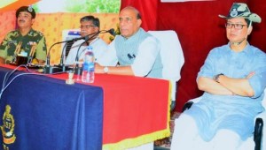 Union Home Minister Rajnath Singh addressing the BSF jawans & officers, during his visit to the BSF Munabao Border Outpost (BOP), in Barmer, Rajasthan on October 08, 2016. Minister of State for Home Affairs Kiren Rijiju, Home Minister of Rajasthan Gulab Chand Kataria and Director General BSF K.K. Sharma are also seen.