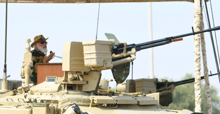 The Prime Minister, Shri Narendra Modi addressing the soldiers at the celebration of Diwali at Longewala in Jaisalmer, Rajasthan on November 14, 2020.