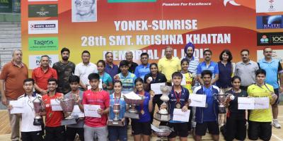 Winners of the Yonex Sunrise Krishna Khaitan All India Junior Ranking Badminton Tournament 2019 in Panchkula along with top BAI and state officials of Haryana Badminton Association