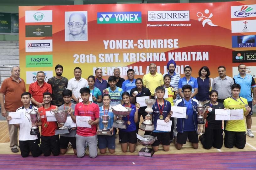 Winners of the Yonex Sunrise Krishna Khaitan All India Junior Ranking Badminton Tournament 2019 in Panchkula along with top BAI and state officials of Haryana Badminton Association