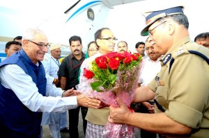 New MP Governor Om Prakash Kohli was received at the state hanger at BHopal airport by chief minister Shivraj Singh Chouhan and State DG Police Rishi Kumar Shukla