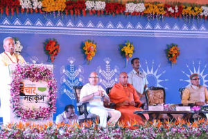 RSS chief Mohan Bhagwat addressing "Vaicharik Nahakumbh" at Ujjain today. Seated extreme right is Madhya Pradesh Chief Minister Shivraj Singh Chouhan