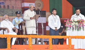 Prime Minister Narendra Modi at the Swearing-in Ceremony of the New Government of Assam, in Guwahati on May 24, 2016. Governor of Assam, Nagaland & Tripura P.B. Acharya administered the oath.