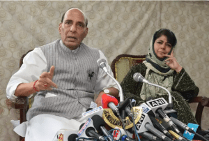 Union Home Minister, Rajnath Singh and the Chief Minister of Jammu and Kashmir, Mehbooba Mufti addressing a press conference, in Srinagar on August 25, 2016.