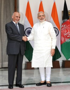 Prime Minister Narendra Modi with President of the Islamic Republic of Afghanistan Dr. Mohammad Ashraf Ghani, at Hyderabad House, in New Delhi on April 28, 2015.