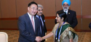 India's External Affairs Minister Sushma Swaraj meets Foreign Minister Lundeg Purevsuren of Mongolia on the sidelines of 60th Asian African Summit in Jakarta, Indonesia