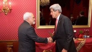 USSecretary o State John Kerry greets Foreign Minister of Iran Javad Zarif in Lausanne, Switzerland ahead of resumption of negotiations by their advisers about future o Iran's Nuclear Programme