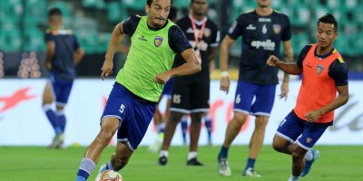 Chennaiyin FC players practise before the start of the match 23 of the Indian Super League ( ISL ) between Chennaiyin FC and Hyderabad FC held at the Jawaharlal Nehru Stadium, Chennai, India on the 25th November 2019.
