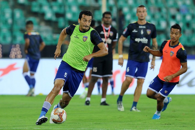 Chennaiyin FC players practise before the start of the match 23 of the Indian Super League ( ISL ) between Chennaiyin FC and Hyderabad FC held at the Jawaharlal Nehru Stadium, Chennai, India on the 25th November 2019.