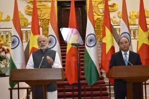 Prime Minister Narendra Modi and the Prime Minister of the Socialist Republic of Vietnam Nguyen Xuan Phuc at the joint media briefing, in Hanoi, Vietnam on September 03, 2016.