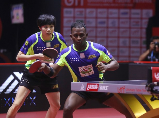 CHENG I-CHING of Team Goa Challengers and AMALRAJ ANTHONY ARPUTHARAJ of Team Goa Challengers in action during the match of the Ultimate Table Tennis League played between Team Puneri Paltan Table Tennis and Team Goa Challengers at Thayagraj Stadium in Delhi, India on 7th August 2019. Photo : Sandeep Shetty / Focus Sports / Ultimate Table Tennis