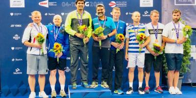 Vijay Lancy Mascarenhas and Ajeet Hari Dass on the podium at the World Senior Badminton Championships
