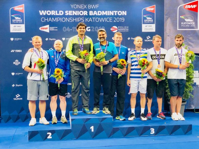 Vijay Lancy Mascarenhas and Ajeet Hari Dass on the podium at the World Senior Badminton Championships