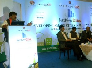 Madhya Pradesh Urban Development and Environment Minister Kailash Vijayvargiya addressing the convention on the theme “Development of Smart City-Next Gen Citizen” in Bhopal on February 13, 2015