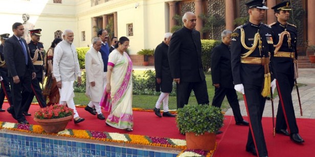  President Pranab Mukherjee, Prime Minister Narendra Modi, Speaker, Lok Sabha Sumitra Mahajan, Vice President Mohd. Hamid Ansari, Union Minister for Urban Development, Housing and Urban Poverty Alleviation and Parliamentary Affairs M. Venkaiah Naidu arrive for the opening day of the Budget Session of Parliament, in New Delhi on February 23, 2016