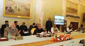 The President Pranab Mukherjee and Prime Minister Narendra Modi at the Conference of Governors, at Rashtrapati Bhavan in New Delhi on February 11, 2015.