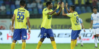 Raphael Messi Bouli of Kerala Blasters FC celebrates a goal during match 37 of the Indian Super League ( ISL ) between the Kerala Blasters FC and Jamshedpur FC held at the Jawaharlal Nehru Stadium, Kochi, India on the 13th December 2019. Photo by: Vipin Pawar / SPORTZPICS for ISL