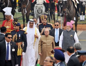 President Pranab Mukherjee and Prime Minister Narendra Modi with the Chief Guest of the Republic Day, The Crown Prince of Abu Dhabi, Deputy Supreme Commander of U.A.E. Armed Forces, General Sheikh Mohammed Bin Zayed Al Nahyan, at Rajpath, on the occasion of the 68th Republic Day Parade 2017, in New Delhi on January 26, 2017.