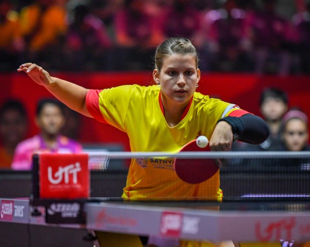 PETRISSA SOLJA of Team Chennai Lions during the match of the Ultimate Table Tennis League played between Team Team Chennai Lions and Team RP-SG Mavericks Kolkata at Thayagaraj Stadium in New Delhi, India on August 06, 2019.  Photo : Vaqaas Mansuri / Focus Sports / Ultimate Table Tennis