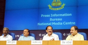 Union Minister for Urban Development, Housing and Urban Poverty Alleviation and Parliamentary Affairs M. Venkaiah Naidu holding a press conference to announce the list of Smart City Nominees, in New Delhi on August 27, 2015. Union Minister for Chemicals and Fertilizers Ananth Kumar and the Director General (M&C), Press Information Bureau A.P. Frank Noronha are also seen.
