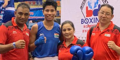 Lovlina along with the Indian Boxing team coaches after her win