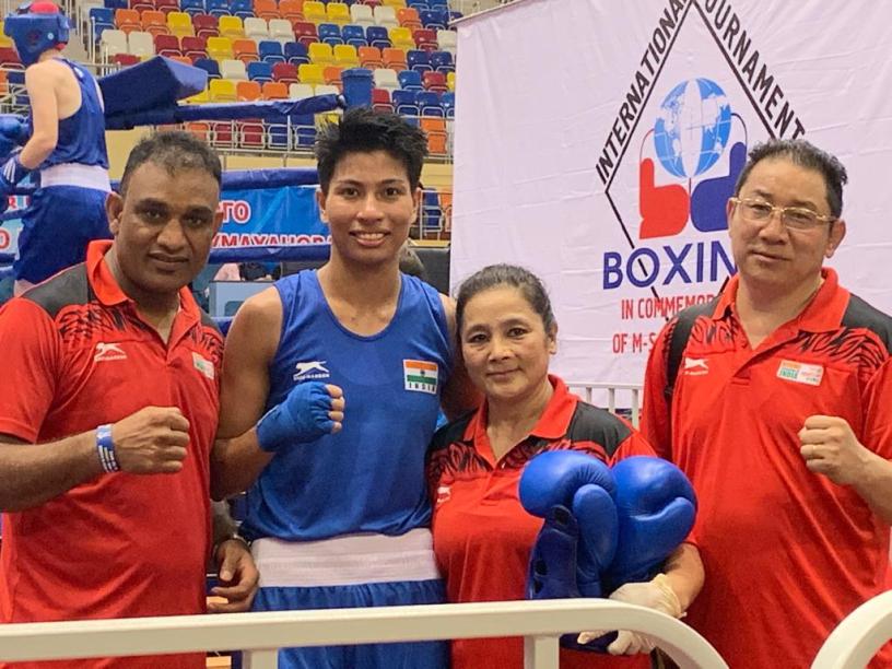 Lovlina along with the Indian Boxing team coaches after her win