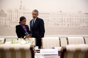 President Barack Obama confers with National Security Advisor Susan E. Rice at Konstantinovsky Palace during the G20 Summit in Saint Petersburg, Russia. September 6, 2013. (Official White House Photo by Pete Souza)