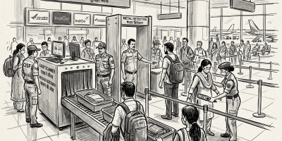 Passengers passing through metal detectors and X-ray scanner at domestic airport security check
