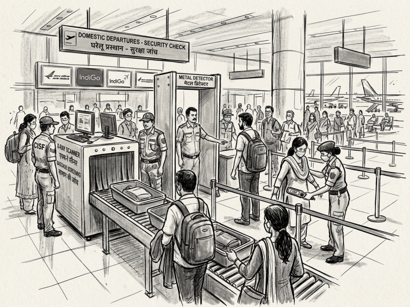 Passengers passing through metal detectors and X-ray scanner at domestic airport security check