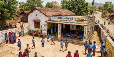 Children in blue and red uniforms outside a rural primary school building with painted walls and a flagpole