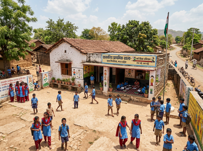 Children in blue and red uniforms outside a rural primary school building with painted walls and a flagpole