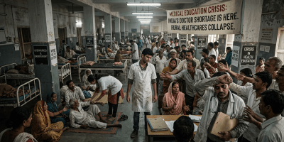 Crowded hospital ward with patients, healthcare workers, and protest signs about doctor shortage and healthcare collapse