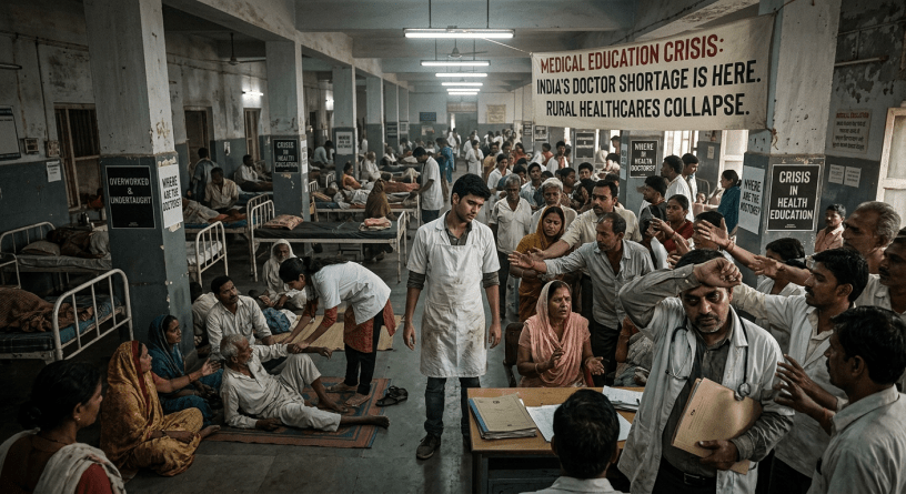 Crowded hospital ward with patients, healthcare workers, and protest signs about doctor shortage and healthcare collapse
