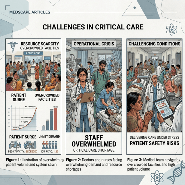 Infographic depicting resource scarcity, operational crisis, and challenging conditions in critical care settings