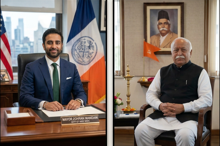 Two leaders seated beneath an India-USA Relations event banner