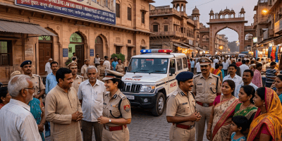 Police officers and residents beside a police vehicle; sign reads “POLICE REFORM: UPHOLDING LAW AND ORDER | INDIAN POLICE ACT | RESPECTS FOR ALL.”