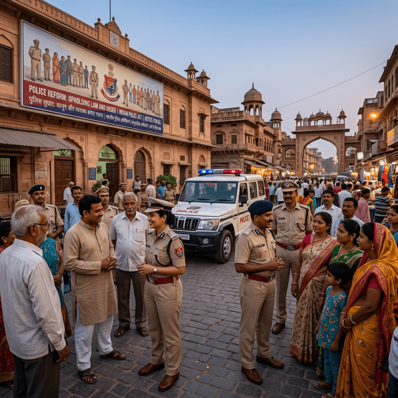 Police officers and residents beside a police vehicle; sign reads “POLICE REFORM: UPHOLDING LAW AND ORDER | INDIAN POLICE ACT | RESPECTS FOR ALL.”