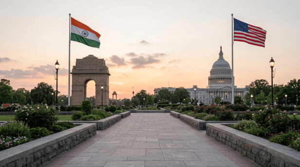 Two officials shaking hands near India Gate and the U.S. Capitol