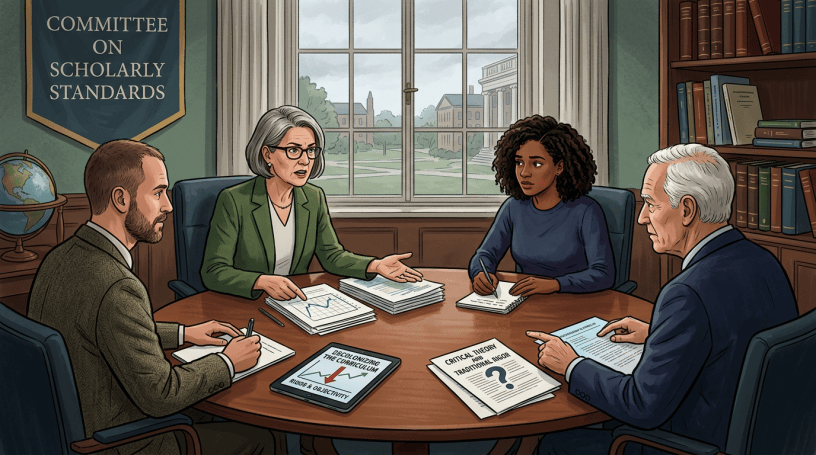 Committee on Scholarly Standards discusses documents labeled Decolonizing the Curriculum and Critical Theory and Traditional Color