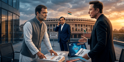 Three men discuss Jio-Starlink approval outside India’s Parliament